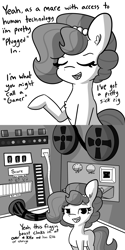 Size: 3000x6000 | Tagged: safe, artist:tjpones, derpibooru import, oc, oc only, oc:brownie bun, earth pony, pony, horse wife, computer, female, grayscale, mare, monochrome, solo