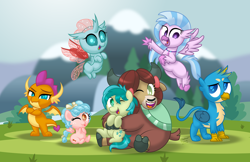 Size: 1920x1243 | Tagged: safe, artist:aleximusprime, derpibooru import, cozy glow, gallus, ocellus, sandbar, silverstream, smolder, yona, changedling, changeling, dragon, earth pony, griffon, hippogriff, pegasus, pony, yak, aleximusprime is trying to murder us, chibi, chubby, cozybetes, crossed arms, cute, diaocelles, diastreamies, female, floating wings, flying, gallabetes, hug, hug from behind, looking at each other, looking at you, male, one eye closed, sandabetes, shipping, smolderbetes, straight, student six, students, super deformed, wings, wink, yonabar, yonadorable