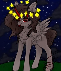 Size: 608x706 | Tagged: safe, artist:nel_liddell, derpibooru import, oc, oc only, alicorn, pony, :p, alicorn oc, chest fluff, ear fluff, horn, night, outdoors, signature, solo, stars, tongue out, wings