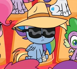 Size: 1039x925 | Tagged: safe, derpibooru import, screencap, pinkie pie, rainbow dash, rarity, spike, twilight sparkle, dragon, earth pony, pegasus, pony, unicorn, flutterdash (episode), my little pony: pony life, spoiler:pony life s01e42, sunglasses, winged spike