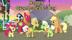 Size: 1280x720 | Tagged: safe, derpibooru import, apple bloom, applejack, big macintosh, grand pear, granny smith, earth pony, pony, the perfect pear, family, grandparents and grandchildren, grandparents day, sweet apple acres