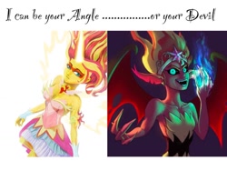 Size: 1024x768 | Tagged: safe, artist:raikoh, derpibooru import, sunset satan, sunset shimmer, equestria girls, equestria girls (movie), friendship games, big crown thingy, claws, clothes, crown, daydream shimmer, dress, element of magic, female, horn, i can be your angle or your devil, jewelry, regalia, shoulderless, solo, wings