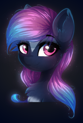 Size: 728x1084 | Tagged: safe, artist:a-lunar-eclipse, derpibooru import, oc, oc only, oc:astral, pony, bust, chest fluff, ear fluff, eye clipping through hair, female, looking at you, mare, portrait, smiling, solo