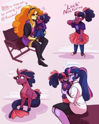 Size: 1920x2400 | Tagged: safe, artist:overlordneon, derpibooru import, adagio dazzle, twilight sparkle, oc, oc:loch nocturne, hybrid, siren, unicorn, equestria girls, adagilight, boots, breasts, cleavage, clothes, converse, crying, dress, female, fishnet stockings, glasses, hoodie, hybrid oc, jeans, jewelry, kissing, knee-high boots, laughing, lesbian, magical lesbian spawn, messy mane, necklace, offspring, pants, parent:adagio dazzle, parent:sci-twi, ponytail, scidagio, shipping, shoes, siren oc, sneakers, time out