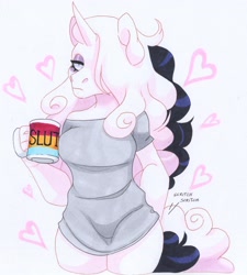 Size: 2716x3012 | Tagged: safe, artist:frozensoulpony, derpibooru import, oc, oc:rose, anthro, pony, unicorn, clothes, coffee mug, female, mug, shirt, solo, traditional art, vulgar