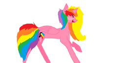 Size: 750x394 | Tagged: safe, artist:pawstheartest, derpibooru import, oc, oc only, oc:rainbow melody, alicorn, pony, alicorn oc, eyes closed, horn, multicolored hair, rainbow hair, raised hoof, simple background, smiling, solo, white background, wings