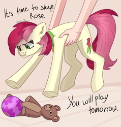 Size: 2500x2628 | Tagged: safe, artist:chibadeer, derpibooru import, roseluck, earth pony, human, pony, ball, behaving like a cat, collar, cute, dialogue, female, fluffy, hand, holding a pony, pet tag, pony pet, puffy cheeks, rosepet, scrunchy face, teddy bear, toy, underhoof