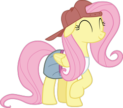 Size: 4000x3486 | Tagged: safe, artist:calinou, derpibooru exclusive, derpibooru import, fluttershy, pegasus, pony, .svg available, 90s grunge fluttershy, backwards cap, baseball cap, cap, clothes, cute, eyes closed, female, gameloft interpretation, hat, inkscape, mare, one leg raised, shirt, simple background, skirt, smiling, solo, transparent background, vector