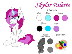 Size: 8000x6000 | Tagged: safe, artist:skylarpalette, derpibooru import, oc, oc only, oc:skylar palette, pony, unicorn, cheek fluff, chest fluff, clothes, cute, cutie mark, ear fluff, female, fluffy, glasses, happy, hoodie, horn, looking up, magic, mare, pink mane, reference sheet, simple background, sitting, unicorn oc, white background, white fur
