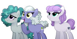 Size: 3756x1941 | Tagged: safe, artist:bebraveforme, derpibooru import, limestone pie, marble pie, maud pie, earth pony, pony, alternate cutie mark, alternate hairstyle, eyeshadow, female, grin, hairband, makeup, mare, open mouth, raised hoof, siblings, simple background, sisters, smiling, transparent background, when she smiles
