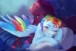 Size: 779x533 | Tagged: safe, artist:bunnari, derpibooru import, rainbow dash, tempest shadow, pegasus, pony, unicorn, bed, broken horn, female, lesbian, mare, one eye closed, pillow, scar, shipping, tempestdash, waking up