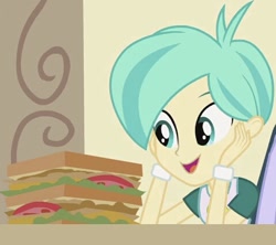 Size: 478x424 | Tagged: safe, derpibooru import, screencap, tennis match, equestria girls, food, sandwich, solo