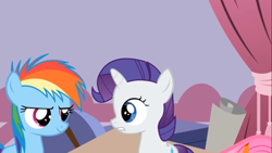 Size: 1366x768 | Tagged: safe, artist:agrol, derpibooru import, screencap, rainbow dash, rarity, earth pony, pegasus, pony, unicorn, animation error, bedroom, duo, female, filly, filly rainbow dash, filly rarity, frown, grin, just be me, looking at each other, missing cutie mark, missing wing, smiling, young