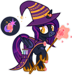 Size: 2000x2087 | Tagged: safe, artist:n0kkun, derpibooru import, oc, oc only, oc:gloomy spirit (witch), alicorn, bat pony, bat pony alicorn, pony, alicorn oc, bags under eyes, bat pony oc, bat wings, beaker, cape, clothes, coat markings, fangs, female, gem, glass, grin, hat, hoof hold, hoof shoes, horn, horn ring, mare, potion, ring, robe, simple background, smiling, solo, staff, transparent background, wings, witch, witch costume, witch hat
