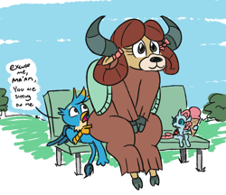 Size: 806x696 | Tagged: safe, artist:jargon scott, derpibooru import, gallus, ocellus, yona, changedling, changeling, griffon, yak, bench, bow, dialogue, female, food, ice cream, ice cream cone, larger female, male, oblivious, park bench, poking, sitting, size difference, smaller female, smaller male, speech bubble, spongebob squarepants, walking small