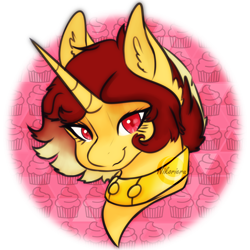 Size: 1600x1600 | Tagged: safe, artist:nikorieru, derpibooru import, oc, oc only, oc:jessie feuer, pony, unicorn, bust, circle background, collar, female, horn, looking at you, portrait, red eyes, simple background, smiling, smiling at you, solo, transparent background, unicorn oc, yellow