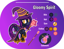Size: 1400x1068 | Tagged: safe, artist:n0kkun, derpibooru import, oc, oc only, oc:gloomy spirit (witch), alicorn, bat pony, bat pony alicorn, pony, alicorn oc, bags under eyes, bat pony oc, bat wings, beaker, cape, clothes, coat markings, fangs, female, gem, glass, gradient background, grin, hat, hoof hold, hoof shoes, horn, horn ring, mare, potion, reference sheet, ring, robe, smiling, solo, staff, wings, witch, witch costume, witch hat