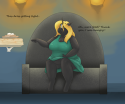 Size: 3000x2500 | Tagged: safe, artist:lupin quill, derpibooru import, oc, oc:mirage, anthro, changeling, changeling queen, unguligrade anthro, series:fit for a queen (weight gain), bbw, belly, big belly, big breasts, bingo wings, breasts, busty oc, changeling oc, changeling queen oc, chubby, chubby cheeks, chunkling, clothes, dialogue, disembodied hand, double chin, dress, eyeshadow, fat, fat fetish, feeding, female, fetish, food, grin, hand, hand on belly, ice cream, magic, magic hands, makeup, open mouth, pancakes, sitting, smiling, syrup, this will end in weight gain, throne, tight clothing, underhoof, waffle, weight gain sequence, yellow changeling