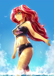 Size: 2893x4092 | Tagged: safe, artist:oberon826, derpibooru import, sunset shimmer, better together, equestria girls, clothes, cloud, female, ocean, sky, sleeveless, solo, summer sunset, swimsuit, water