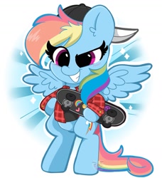 Size: 1681x1847 | Tagged: safe, artist:kittyrosie, derpibooru import, rainbow dash, pegasus, pony, backwards ballcap, backwards cutie mark, baseball cap, bipedal, blushing, cap, cute, dashabetes, ear fluff, female, flannel, hat, mare, skateboard, smiling, solo