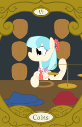 Size: 900x1400 | Tagged: safe, artist:sixes&sevens, derpibooru import, coco pommel, hat, scales, sewing, six of coins, tarot card