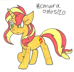 Size: 882x855 | Tagged: safe, artist:cmara, derpibooru import, sunset shimmer, pony, unicorn, female, mare, raised hoof, simple background, solo, traditional art, white background