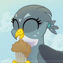 Size: 1400x1400 | Tagged: safe, artist:horsewithacoat, derpibooru import, gabby, griffon, cute, drinking, eyes closed, female, gabbybetes, milkshake, signature, smiling, solo, straw