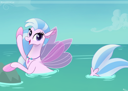 Size: 2800x2000 | Tagged: safe, artist:horsewithacoat, derpibooru import, silverstream, seapony (g4), cloud, commission, cute, diastreamies, female, fin wings, fins, fish tail, jewelry, looking at you, necklace, ocean, open mouth, purple eyes, rock, signature, sky, smiling, solo, waving, wings