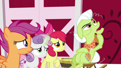 Size: 1920x1080 | Tagged: safe, derpibooru import, screencap, apple bloom, granny smith, scootaloo, sweetie belle, the big mac question, cutie mark crusaders