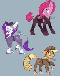 Size: 2199x2749 | Tagged: safe, artist:churoswdulc, derpibooru import, applejack, king sombra, pinkie pie, rarity, earth pony, pony, unicorn, alternate timeline, colored, crystal empire, crystal war timeline, female, military, outfit, simple background