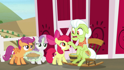 Size: 1920x1080 | Tagged: safe, derpibooru import, screencap, apple bloom, granny smith, scootaloo, sweetie belle, the big mac question, cutie mark crusaders, food, pie