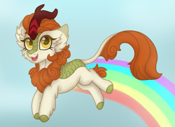 Size: 919x667 | Tagged: safe, artist:brendalobinha, derpibooru import, autumn blaze, kirin, sounds of silence, a kirin tale, female, leaping, mare, rainbow trail, sky, solo