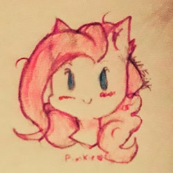 Size: 1080x1080 | Tagged: safe, artist:friskou_chan, derpibooru import, pinkie pie, earth pony, pony, blushing, bust, female, mare, signature, smiling, solo, traditional art