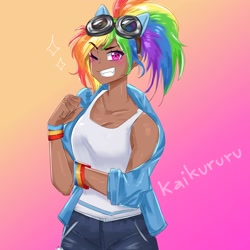 Size: 3000x3000 | Tagged: safe, artist:kaikururu, derpibooru import, human, anime, breasts, cleavage, dark skin, goggles, grin, humanized, kotobukiya, kotobukiya rainbow dash, looking at you, one eye closed, smiling, solo, wink, winking at you