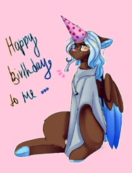 Size: 1652x2160 | Tagged: safe, artist:ellis_sunset, derpibooru import, oc, oc only, pegasus, pony, bandaid, clothes, colored hooves, freckles, frog (hoof), happy birthday, hat, heterochromia, jewelry, necklace, party hat, party horn, pegasus oc, pink background, simple background, two toned wings, underhoof, wings, yin-yang