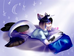 Size: 2560x1930 | Tagged: safe, artist:ellis_sunset, derpibooru import, oc, oc only, pony, unicorn, clothes, horn, leonine tail, lying down, pillow, prone, reading, tablet, unicorn oc