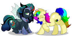 Size: 8800x4400 | Tagged: safe, artist:rainbowtashie, derpibooru import, king sombra, nightmare moon, princess luna, queen chrysalis, queen umbra, oc, oc:empress sacer malum, oc:rainbow tashie, changeling, changeling queen, earth pony, pony, unicorn, armor, bugbutt, butt, changeling oc, commissioner:bigonionbean, crown, curved horn, cutie mark, embarrassed, extra thicc, female, flank, fusion, fusion:empress sacer malum, horn, jewelry, mare, moonbutt, nintendo 64, not an alicorn, plot, regalia, rule 63, simple background, teasing, transparent background, writer:bigonionbean