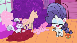 Size: 1920x1080 | Tagged: safe, derpibooru import, screencap, opalescence, rarity, cat, pony, unicorn, my little pony: pony life, the debut taunt, spoiler:pony life s01e41, brush, button eyes, doll, dummy, eyes closed, female, mare, toy, x eyes