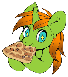 Size: 749x845 | Tagged: safe, artist:pony straponi, derpibooru import, oc, oc only, oc:arc pyre, unicorn, bust, eating, food, pizza, simple background, solo, transparent background