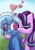 Size: 2897x4096 | Tagged: safe, artist:tubadraws, derpibooru import, starlight glimmer, trixie, pony, unicorn, female, glowing horn, heart, horn, kiss on the cheek, kissing, lesbian, no pupils, shipping, smooch, startrix