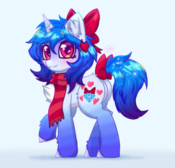 Size: 1559x1496 | Tagged: safe, artist:gempainter32, derpibooru import, oc, oc only, oc:diamond nella, pony, unicorn, bow, butt, cheek fluff, chest fluff, clothes, cute, cutie mark, diamond, digital art, ear fluff, ear piercing, earring, eye clipping through hair, featureless crotch, female, gradient hooves, gradient mane, hair bow, heart, ibispaint x, jewelry, light blue background, looking at you, mare, ocbetes, piercing, raised hoof, scarf, signature, simple background, solo, tail bow