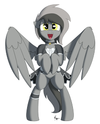 Size: 1300x1600 | Tagged: safe, artist:ponynamedmixtape, derpibooru import, oc, oc only, oc:greyscale, pegasus, pony, bell, bipedal, cat bell, choker, clothes, collar, featureless crotch, female, looking at you, maid, mare, presenting, simple background, skirt, skirt lift, solo, transparent background