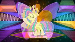 Size: 3840x2160 | Tagged: safe, artist:anime-equestria, artist:laszlvfx, derpibooru import, edit, fluttershy, pony, cosplay, costume, shylestia, solo, wallpaper, wallpaper edit