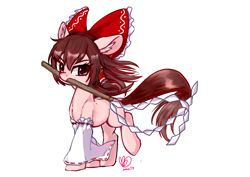 Size: 3541x2508 | Tagged: safe, artist:inaba_hitomi, derpibooru import, earth pony, pony, bow, crossover, detached sleeves, dock, female, gohei, hair bow, hakurei reimu, looking at you, mare, mouth hold, ponified, raised leg, simple background, solo, touhou, white background