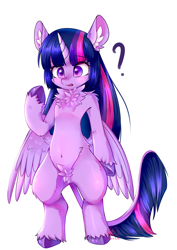 Size: 2150x3035 | Tagged: safe, artist:inaba_hitomi, derpibooru import, twilight sparkle, twilight sparkle (alicorn), alicorn, pony, belly button, bipedal, chest fluff, ear fluff, female, high res, open mouth, pixiv, pubic fluff, question mark, simple background, solo, unshorn fetlocks, white background