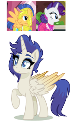 Size: 924x1516 | Tagged: safe, artist:venomous-cookietwt, derpibooru import, flash sentry, rarity, oc, alicorn, pegasus, pony, unicorn, alicorn oc, base used, female, horn, male, mare, offspring, parent:flash sentry, parent:rarity, parents:sentrity, raised hoof, screencap reference, sentrity, shipping, simple background, stallion, straight, transparent background, wings