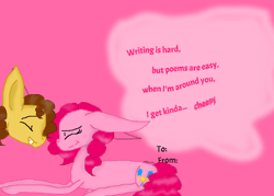 Size: 792x568 | Tagged: safe, artist:girzim88, derpibooru import, cheese sandwich, pinkie pie, earth pony, pony, cheesepie, deviantart muro, duo, female, hearts and hooves day, male, pink background, shipping, simple background, straight, valentine's day card