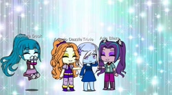 Size: 1280x712 | Tagged: safe, artist:crazynellyz, derpibooru import, adagio dazzle, aria blaze, sonata dusk, trixie, equestria girls, chibi, gacha club, gacha life, the dazzlings