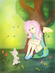 Size: 768x1024 | Tagged: safe, artist:catcor, derpibooru import, fluttershy, human, rabbit, animal, female, flower, forest, humanized, leaves, solo, tree, winged humanization, wings