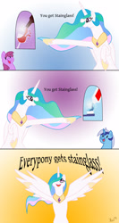 Size: 1784x3363 | Tagged: safe, artist:eritnger1000, derpibooru import, berry punch, berryshine, minuette, princess celestia, alicorn, earth pony, pony, unicorn, alcohol, comic, female, meme, oprah winfrey, parody, stained glass, toothpaste, wine